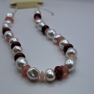 Faux Pearl and Pink Bead Necklace